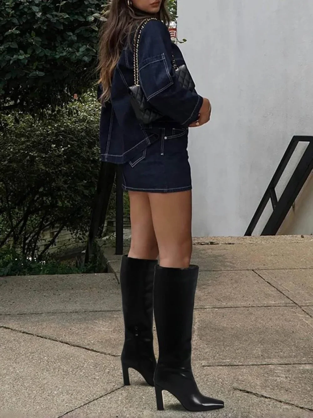 Women's Black Closed Pointed Toe Chunky Heel Side Zipper Dress Knee High Boots